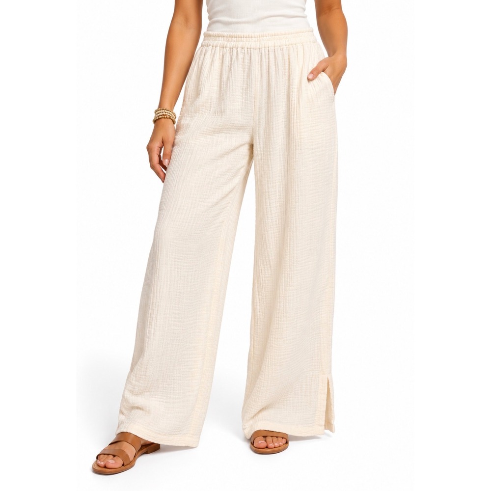 Soft Surroundings Cotton Double Gauze Wide Leg Pants Women Size L Cream Slit Hem